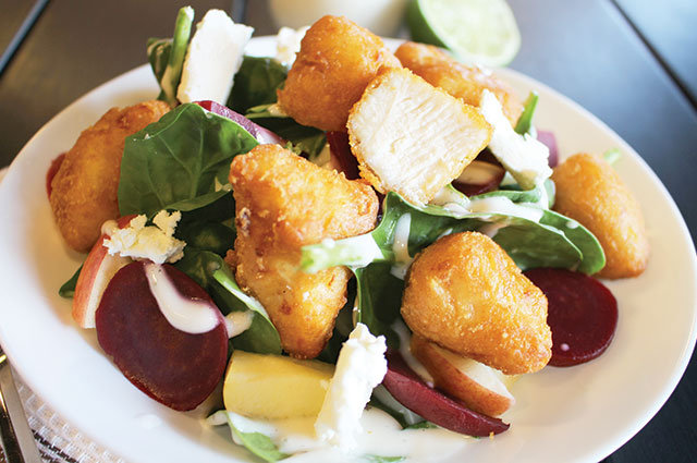 Spinach & Beet Salad with Crispy Battered Chicken