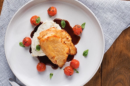 Basil Mashed Potatoes with Chicken & Cherry Tomatoes